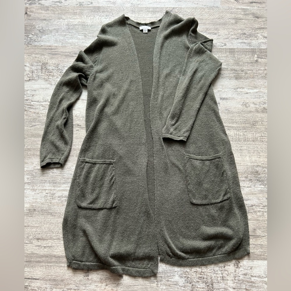 J.Jill long open cardigan green linen blend pockets capsule sweater Medium